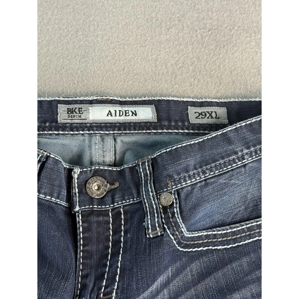 BKE Aiden Jeans Mens‎ 29x27 Med Wash Blue Relaxed Bootcut Stretch Distressed Hem